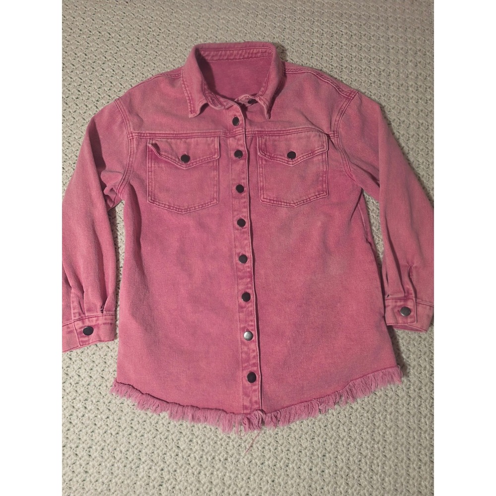 Boutique Denim Shacket Women Small Pink Excellent Frayed Hem Acid Wash Button Up